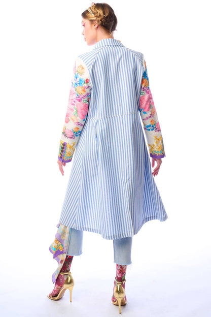 Back view of striped floral sleeve coat showing contrast print sleeves against a white background