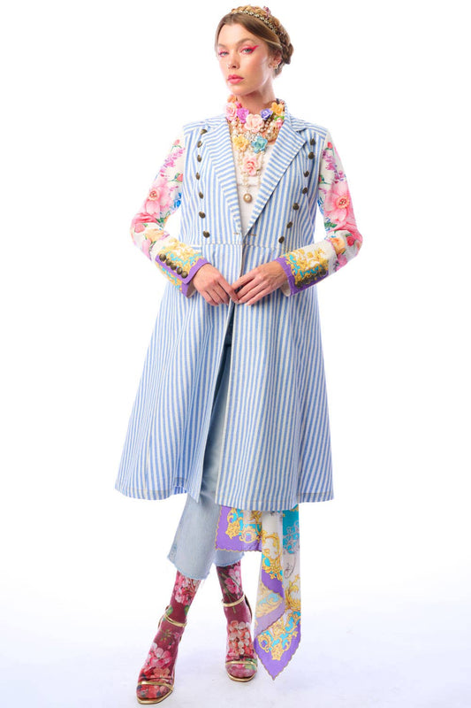 Blue and white striped coat with colorful floral print sleeves and antique gold button closure on a white background
