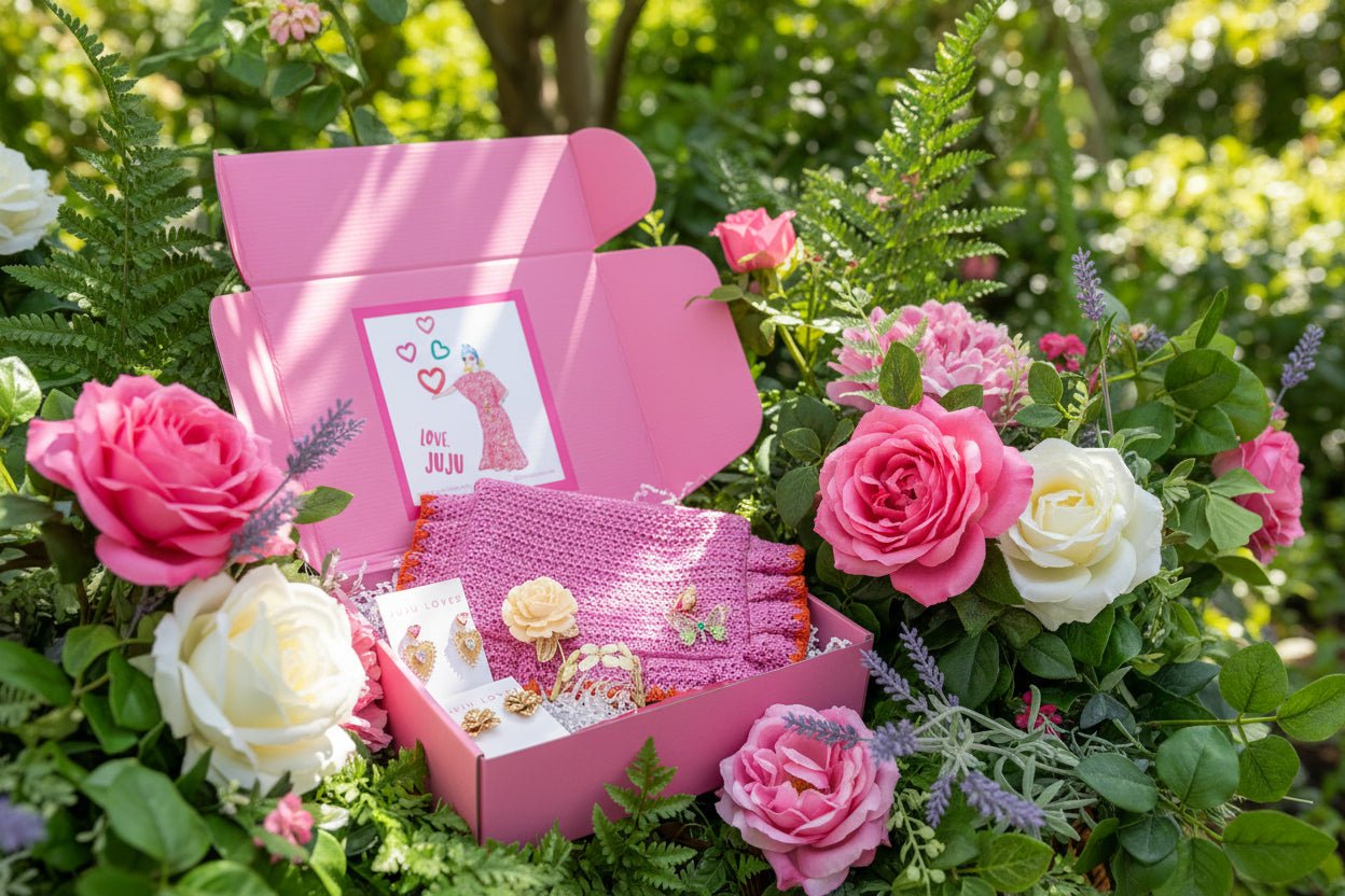 Pink Surprise Me JuJu gift box with accessories surrounded by flowers in a natural setting