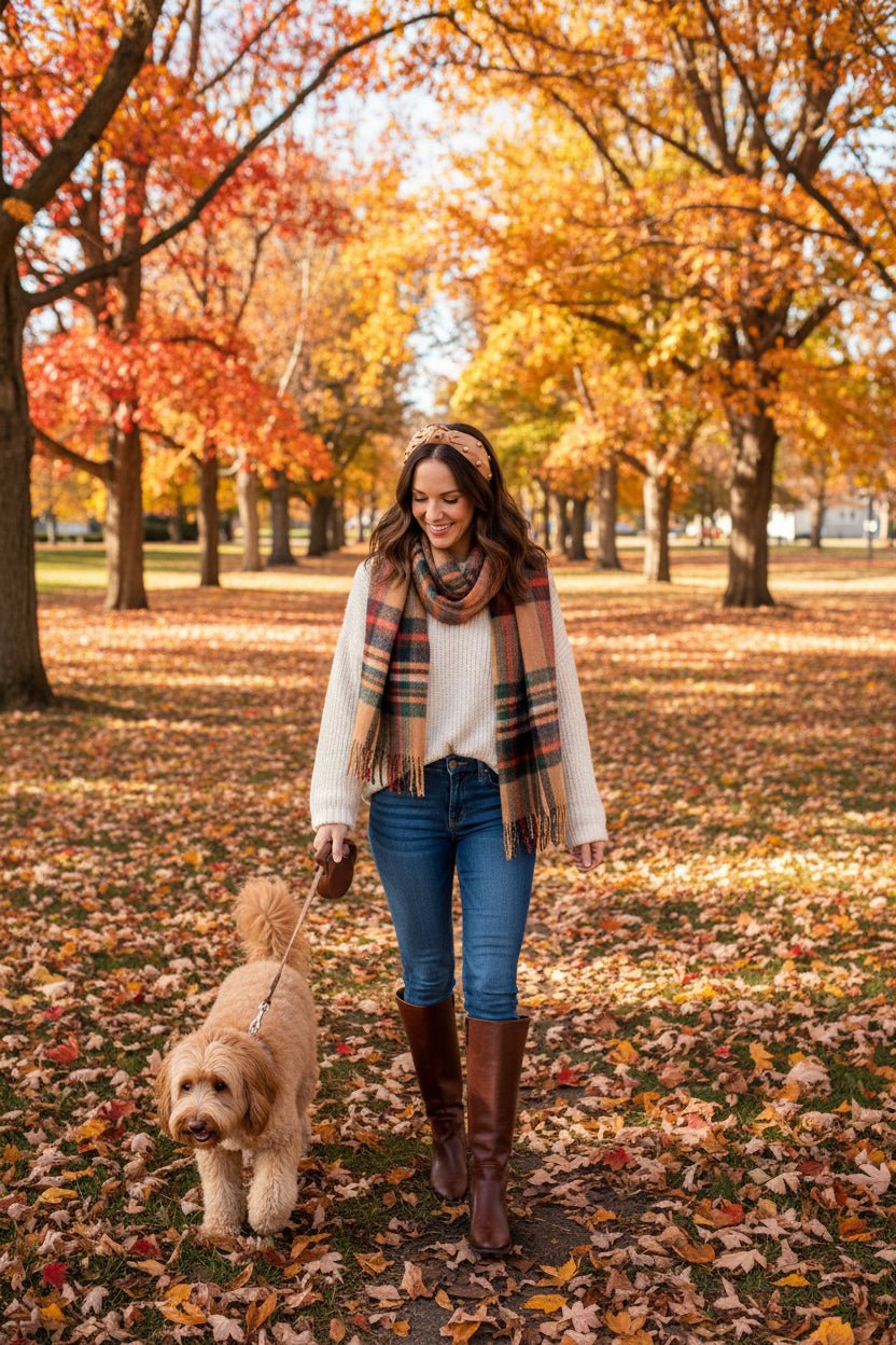 a woman in an ivory sweater, jeans, and brown riding boots with a tan embellished headband holding a leash to a golden doodle dog in an outdoor fall setting