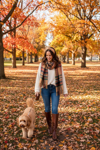 a woman in an ivory sweater, jeans, and brown riding boots with a tan embellished headband holding a leash to a golden doodle dog in an outdoor fall setting