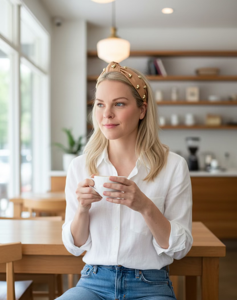woman in a white blouse and jeans with a an headband with gold heart embellishment drinking coffee in a coffee shop
