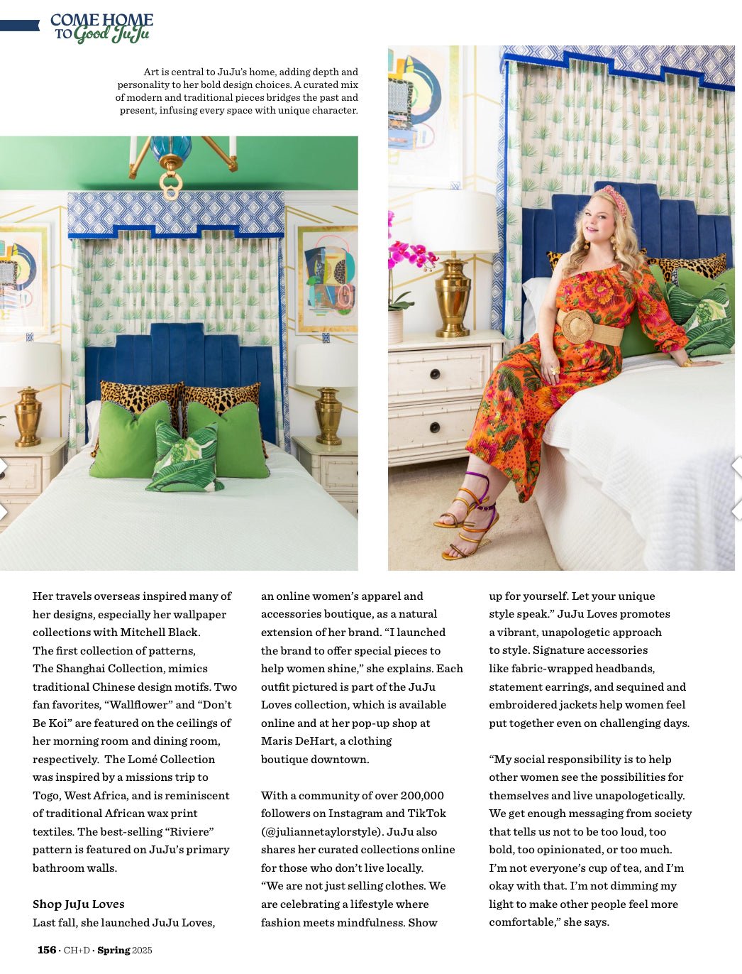 Woman in a magazine feature wearing an orange one shoulder tropical print dress sitting on a bed