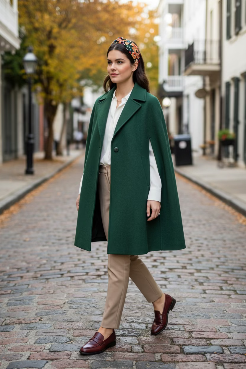 a woman in a green coat, beige trousers, and floral headband walking in an urban setting