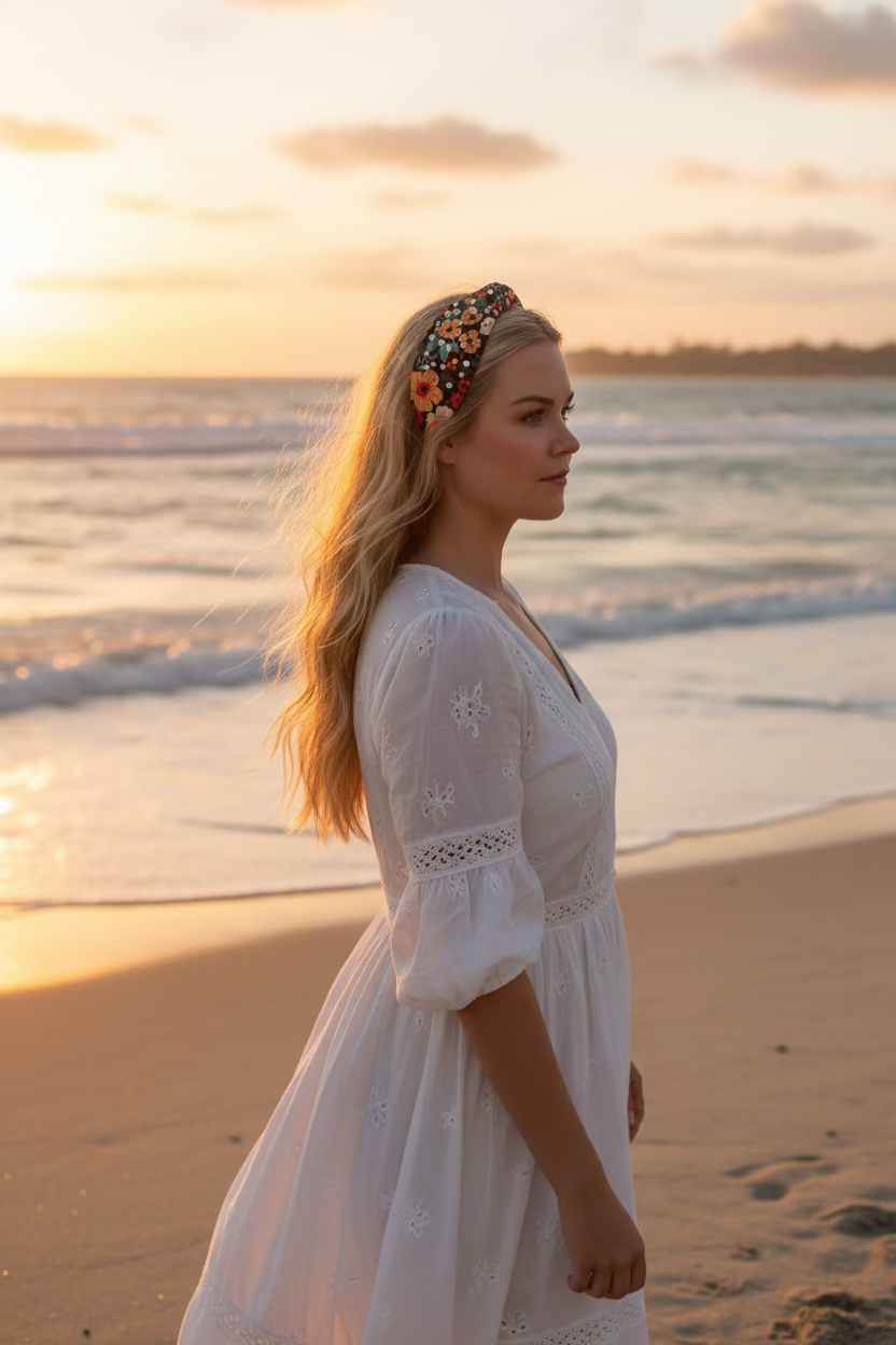 a woman in a white dress and floral headband on the beach with the ocean in the background
