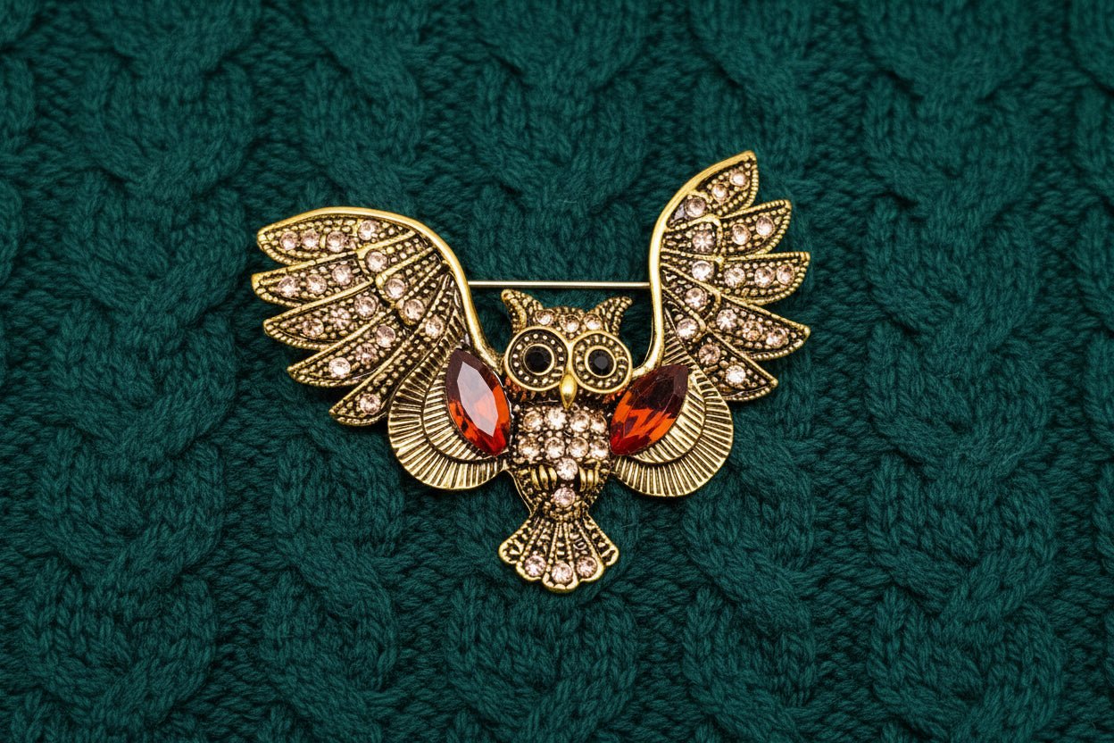 Gold owl brooch with cognac colored gemstones on a green cable knit fabric background