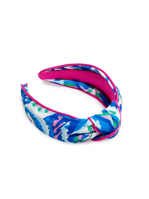 Watercolor print knotted headband in blue pink and green on white background