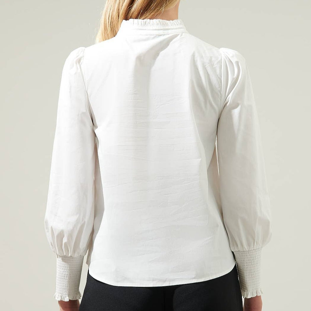 White Ruffled Mock Neck Button Down Blouse