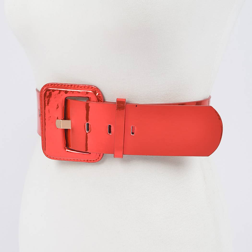 red wide mirror belt on a mannequin against a white background