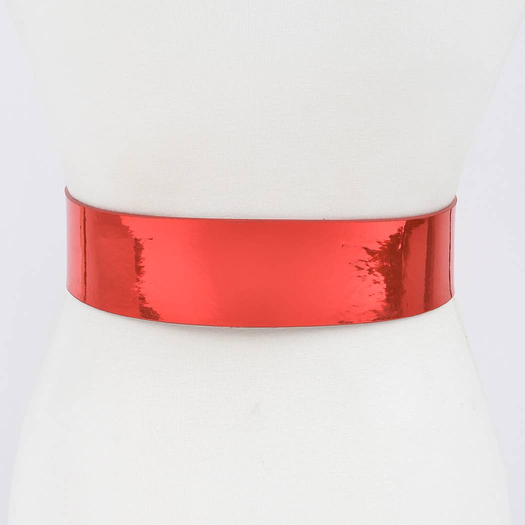 Back view of a red wide mirror belt on a mannequin against a white background