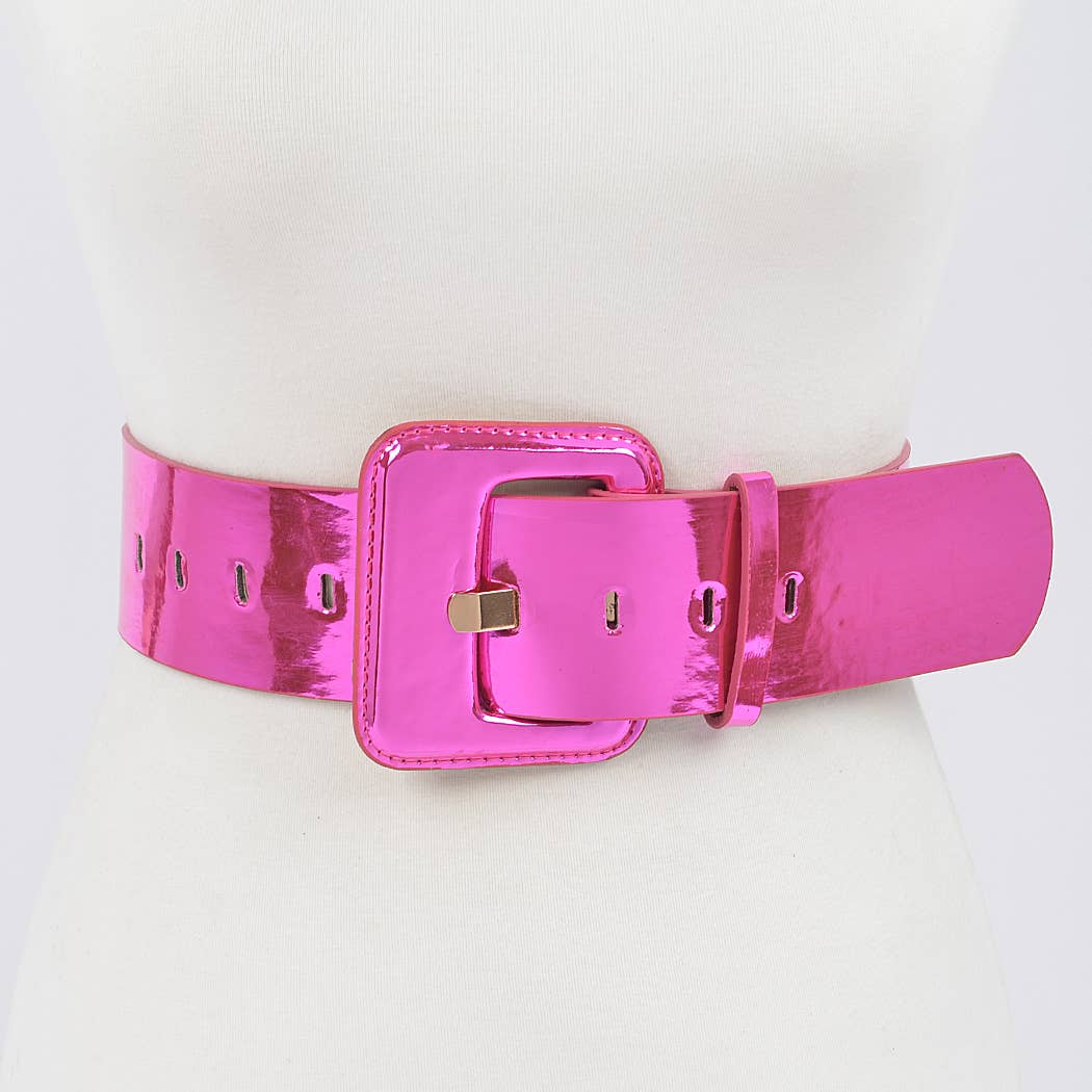 A pink wide mirror belt with a square buckle, on a mannequin displayed against a white background.