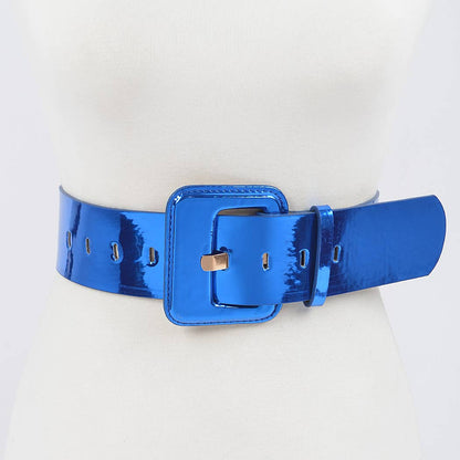 A blue wide mirror belt with a square buckle, displayed on a mannequin against a white background.