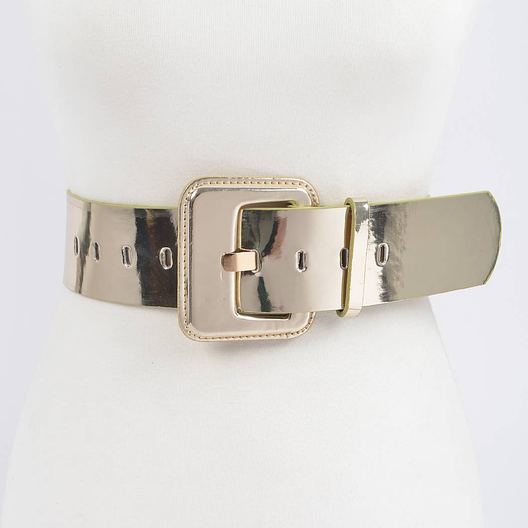 A gold wide mirror belt with a square buckle on a mannequin displayed against a white background