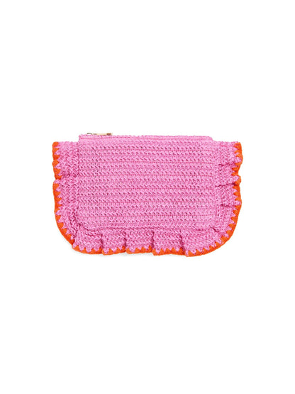 Pink crochet pouch with orange trim on a white background